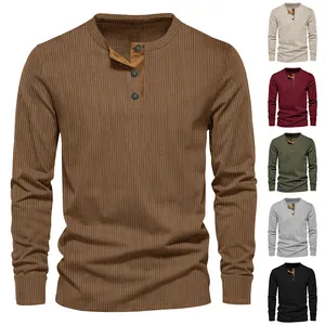 Detail of mens ribbed long sleeve Henley shirts showing multiple color options
