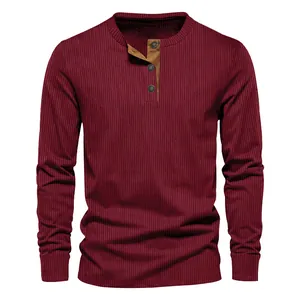 Detailed view of wine red men's ribbed long sleeve slim fit Henley shirt