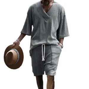 Lässiges graues Jacquard-Zweiteiler-Set für Herren mit V-Ausschnitt Top und Shorts