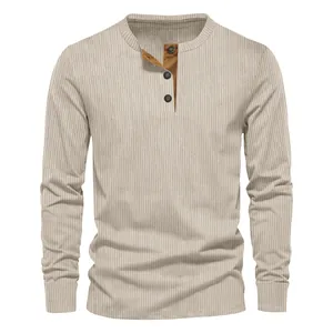 Front view of men's beige corduroy Henley long sleeve T-shirt with button collar detail