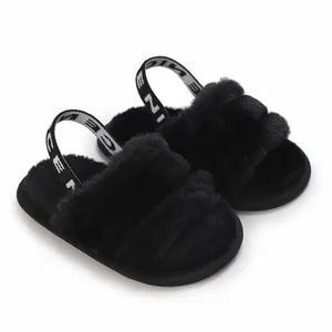 Adorables sandales bébé en peluche noire avec bride arrière élastique et imprimé NICE