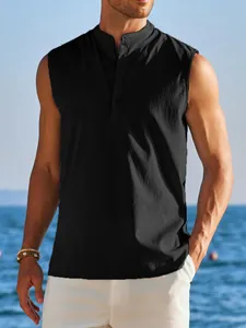 Men's black sleeveless henley vest with textured cotton fabric detail for summer.