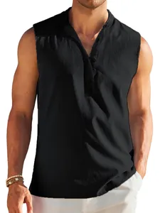 Men's casual black sleeveless Henley tank top with button placket and textured fabric.