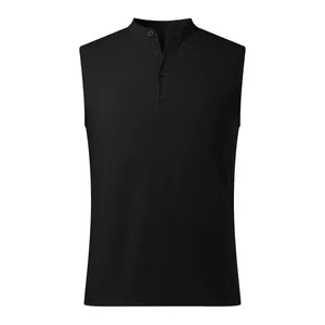Detailed view of a men's black sleeveless vest with a buttoned Henley placket design
