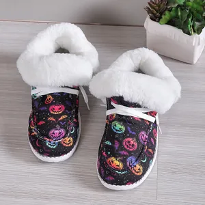 Bottes de neige basses pour femmes avec imprimé citrouille d'Halloween et doublure peluche.