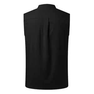 Back detail of a men's casual sleeveless black shirt with neat stitching and pleat.
