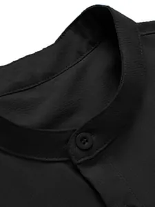Close-up of grandad collar and button detail on a black men's casual sleeveless tank top.