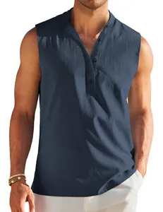 Detailed close-up of a men's navy blue sleeveless Henley tank top featuring textured fabric detail