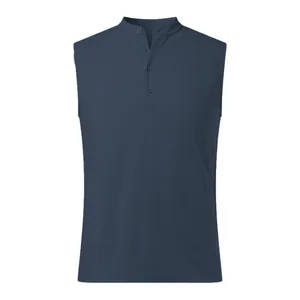 Men's sleeveless henley shirt featuring a half-button placket and dark blue textured fabric