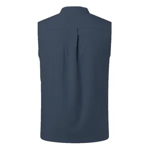 Detailed back view of a men's dark blue sleeveless vest with a crinkle texture.