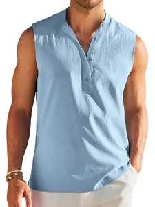 Detail showing the light blue sleeveless shirt with a three-button half-placket design