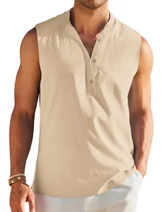 Close-up detail of a beige men's sleeveless Henley shirt with textured breathable fabric.