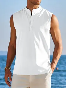 Men's white casual sleeveless henley shirt view showing buttoned stand collar detail.