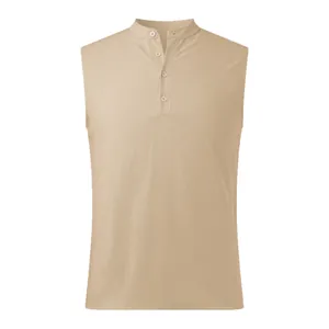 Close-up front view of a khaki sleeveless henley vest for men with textured fabric
