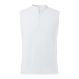 Close-up detail of a men's white sleeveless Henley vest with textured fabric and buttons.