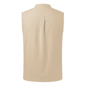 Back view of a beige men's casual sleeveless vest featuring fine textured fabric detail
