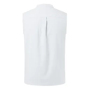 Back view of a white sleeveless casual vest showing pleated detail and crinkle texture.