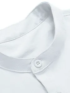 Detailed macro shot of white men's sleeveless casual vest featuring a Mandarin collar
