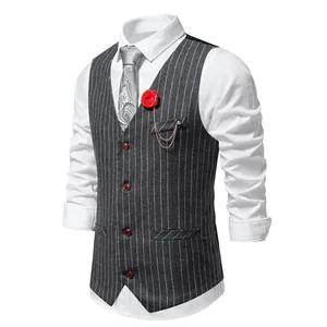 Detail view of a vintage grey pinstripe vest for men with a decorative red rose boutonniere