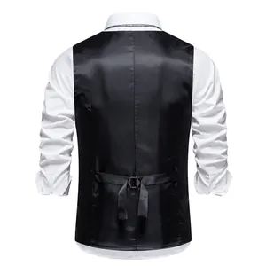 Detailed back view of a classic black men's waistcoat featuring an adjustable buckle strap
