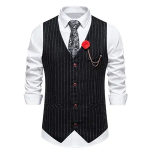 Front view of men's vintage pinstripe casual waistcoat with white shirt and paisley tie.