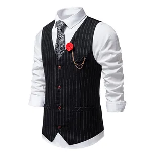 Detailed view of a men's vintage striped waistcoat with red rose brooch and tie