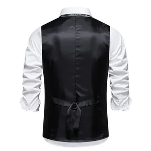 Back view of classic men's black waistcoat with adjustable strap over white shirt