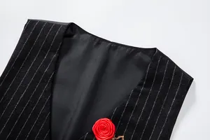 Close-up detail of men's vintage pinstripe wool vest with red rose lapel pin