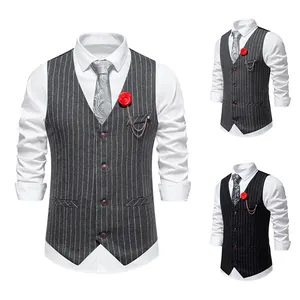 Men Vintage Striped Cotton Blend Vest Slim Fit Single Breasted Business Casual Waistcoat Top