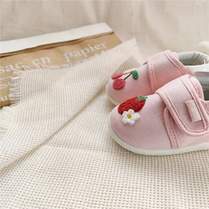Pink baby soft sole toddler shoes featuring cute strawberry and cherry embroidery details.