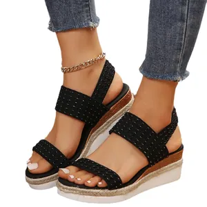 Sandalias de cuña con plataforma negras para mujer con correas tejidas gruesas