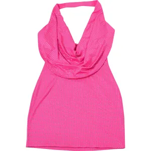 Vue détaillée d'une mini-robe dos nu rose fuchsia à strass avec col bénitier
