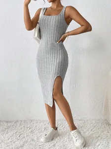 Women Ribbed Sleeveless Side Slit Midi Dress Slim Fit Square Neck Polyester Knitted Bodycon Tank Dress For Casual Summer Wear