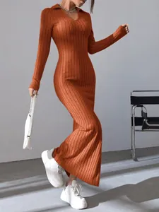 Slim fit orange ribbed knit maxi dress featuring long sleeves and stylish lapel collar