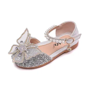 Elegant silver girls' princess sandals featuring rhinestone butterfly and pearl strap.
