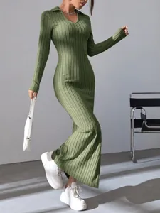 Full length view of sage green ribbed knit long sleeve maxi dress with elegant collar