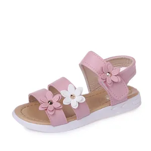 Elegantes sandalias rosas para niña con decoraciones florales y suela blanca suave y cómoda