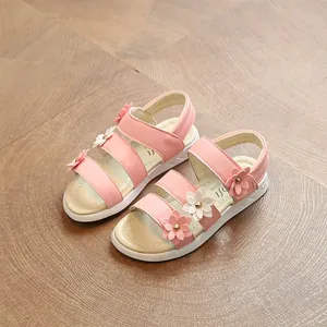 Pink flower sandals for girls, summer 2025 princess style footwear, outdoor flat sandals