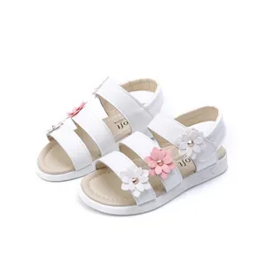 Stylish white summer sandals for girls featuring cute pink and white 3D flower decorations