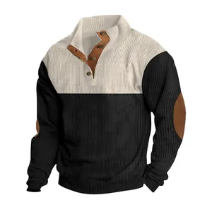 Men's two-tone black and white corduroy sweatshirt with button stand collar and elbow patches
