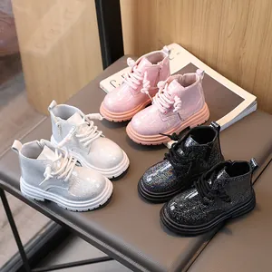 Kids Martin Boots British Style Synthetic Leather Glitter Sequins Side Zipper Non-Slip Children Casual Leather Boots