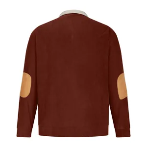 Detailed back view of men's brown corduroy jacket shirt with contrast tan elbow patches
