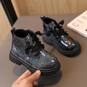 Sparkling black glitter Martin boots for children in a trendy British style with thick soles