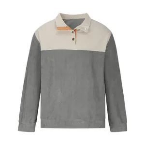 Detailed front view of men's color-block corduroy sweatshirt with button collar design