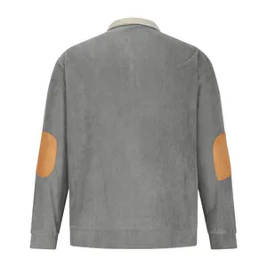 Back view of casual grey corduroy jacket for men featuring classic tan elbow patches