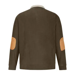 Back view of men's corduroy casual jacket with tan elbow patches and a stand collar