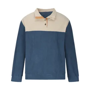 Front view of men's color-block corduroy sweatshirt with buttoned stand collar