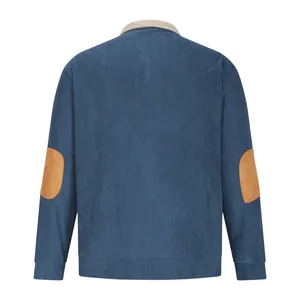 Back view of men's blue corduroy jacket with brown elbow patches and beige collar
