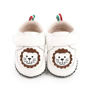 Close-up of white baby walker shoes featuring a cute cartoon lion design and velcro straps