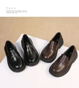 British style girls' leather loafers in classic black and brown for school events
